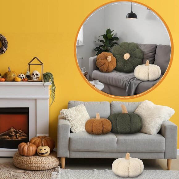 Fall Pumpkin Throw Pillows 3-Pack - Cozy 3D Design for Halloween & Thanksgiving - Picture 4 of 6